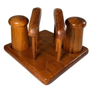 Vintage Gailstyn-Sutton Teak Wood Napkin Holder Salt Pepper Shaker Set MCM